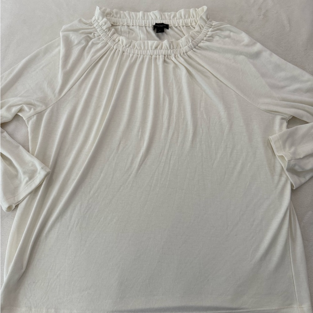 Ann Taylor Womens Large Ivory LS Ruffle Neckline Top Blouse Rayon Cotton L E56 - Picture 1 of 5